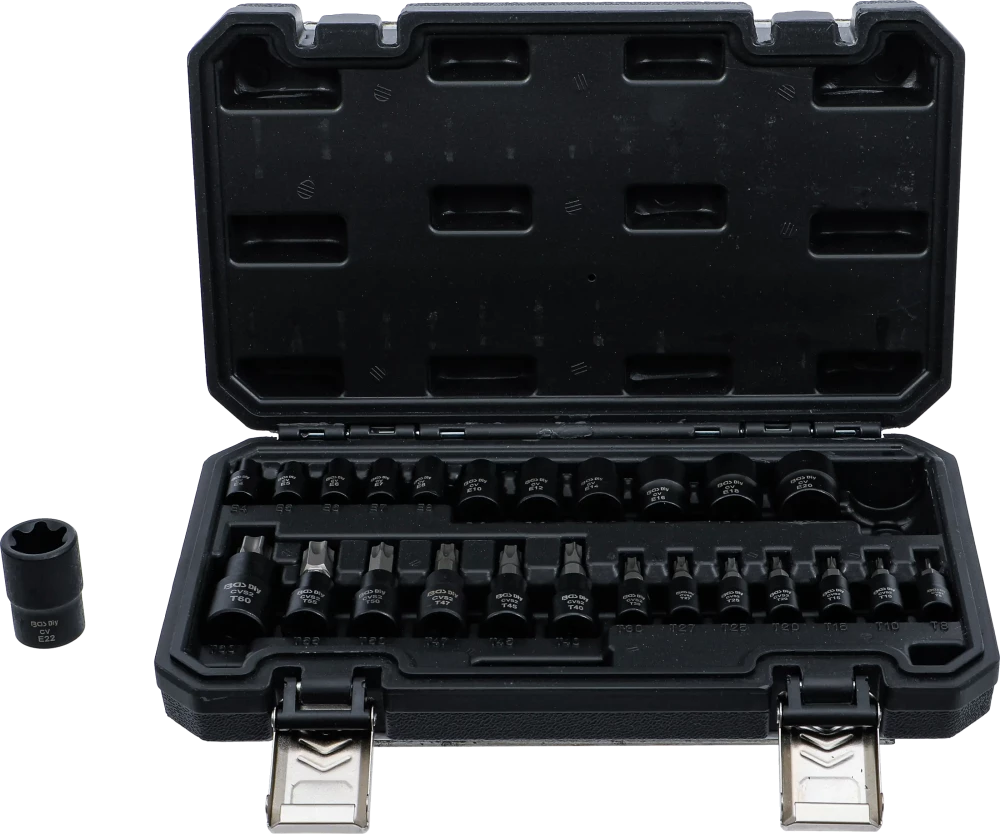 Behajtófej/dugókulcskészlet | 6,3 mm (1/4"), 10 mm (3/8"), 12,5 mm (1/2") | E-profil/T-profil (Torx) | 25 darabos