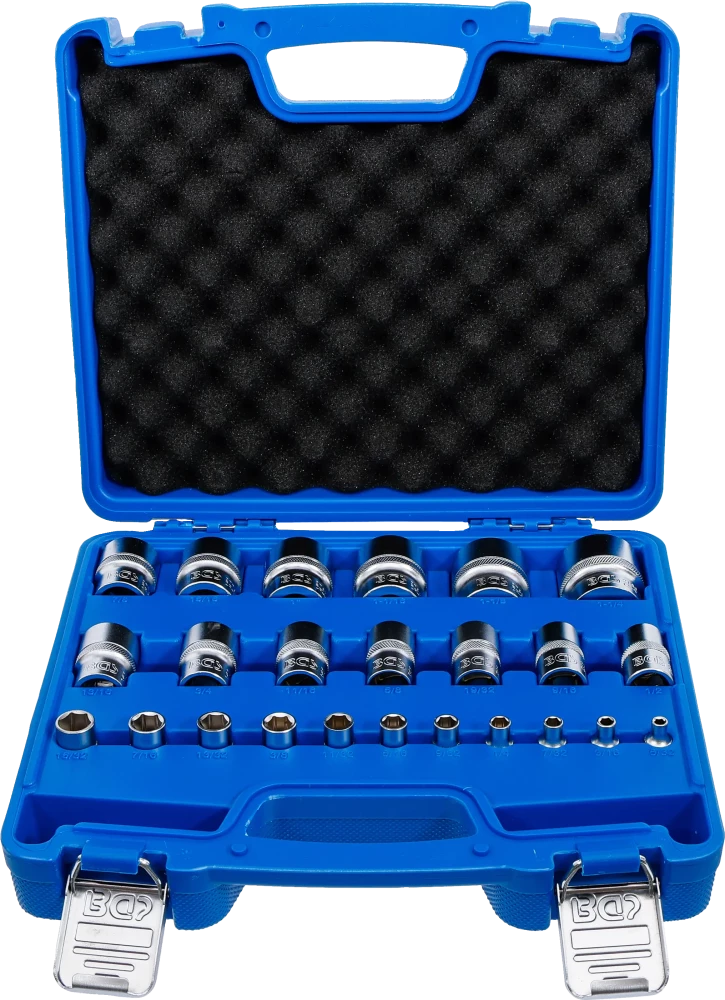Dugókulcskészlet, hatszögletű | 6,3 mm (1/4"), 12,5 mm (1/2") | coll méret | 24 darabos