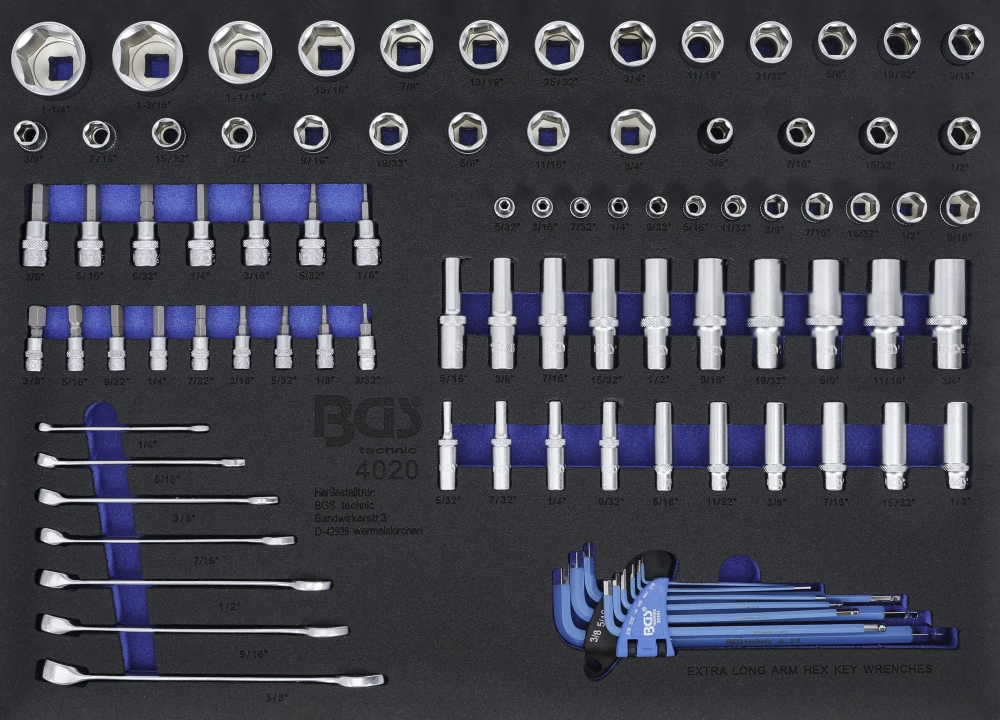 Műhelykocsi-betét 3/3: Dugókulcs / csillag-villáskulcs | coll méretek | 90 darabos
