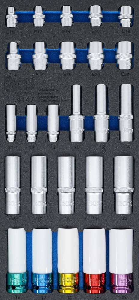 Műhelykocsi-betét 1/3: dugókulcsbetétek, hatszögletű, 11 - 22 mm mély | E-profil E10 - E22 | 6,3 mm (1/4"), 10 mm (3/8"), 12,5 mm (1/2") | 26 darabos