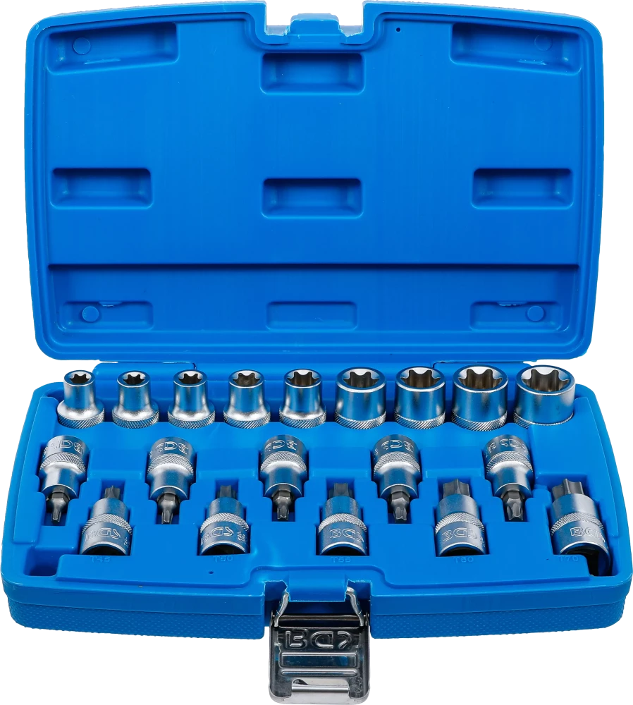 Behajtófej/dugókulcskészlet | 12,5 mm (1/2") | E-profil / T-profil (Torx) | 19 darabos