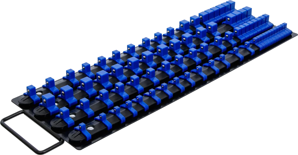 Dugókulcstartó sín készlet dugókulcsbetétekhez | 80 kapoccsal | 6,3 mm (1/4"), 10 mm (3/8"), 12,5 mm (1/2") betétekhez