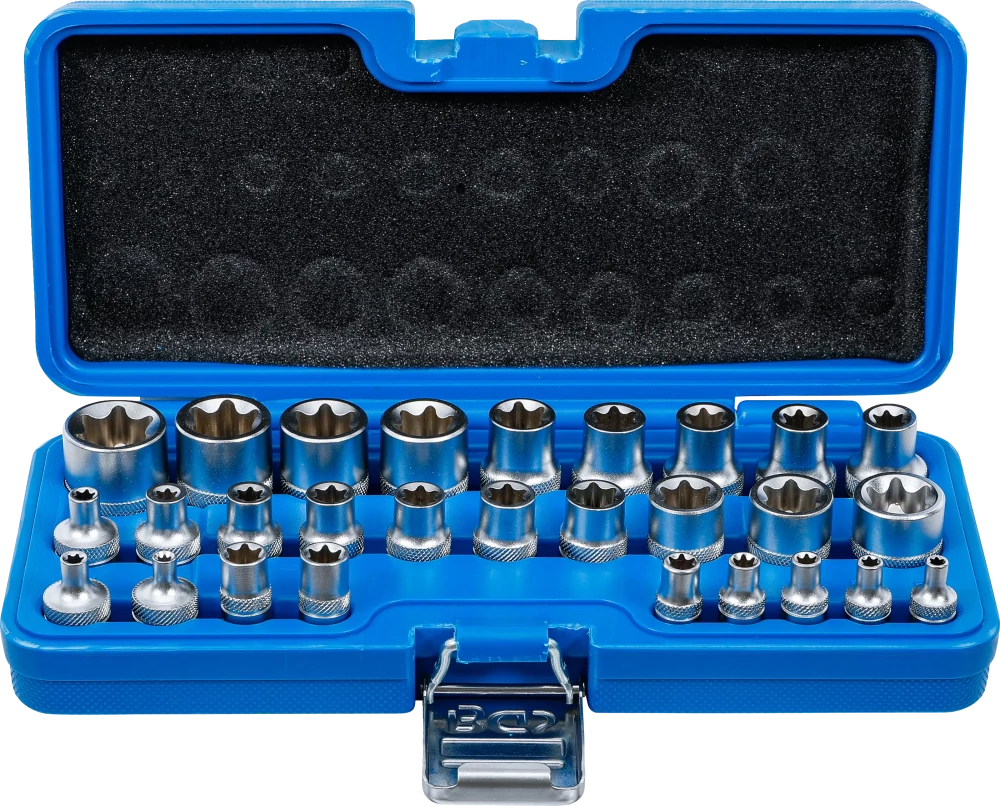 Dugókulcskészlet, E-profil | 6,3 mm (1/4") / 12,5 mm (1/2") | E4 - E24 | 28 darabos