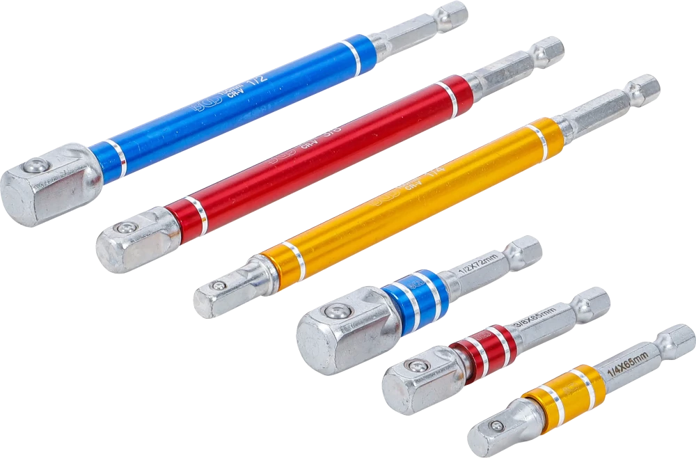 Adapterkészlet fúrógépekhez | színes | Külső hatszögletű kulcsnyílású hajtás 6,3 mm (1/4") | Külső hatszögletű 6,3 mm (1/4"), 10 mm (3/8"), 12,5 mm (1/2")| 75 - 150 mm | 6 darabos