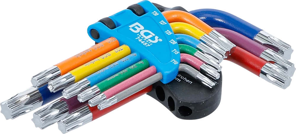 Derékszögű kulcs készlet | több színű | rövid | T-profil (Torx) T10 - T50 | 9 darabos