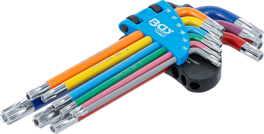 Derékszögű kulcs készlet | több színű | T-profil (Torx) T10 furattal - T50 | 9 darabos