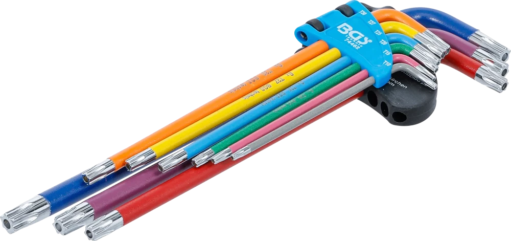 Derékszögű kulcs készlet | több színű | extra hosszú | T-profil (Torx) T10 furattal - T50 | 9 darabos