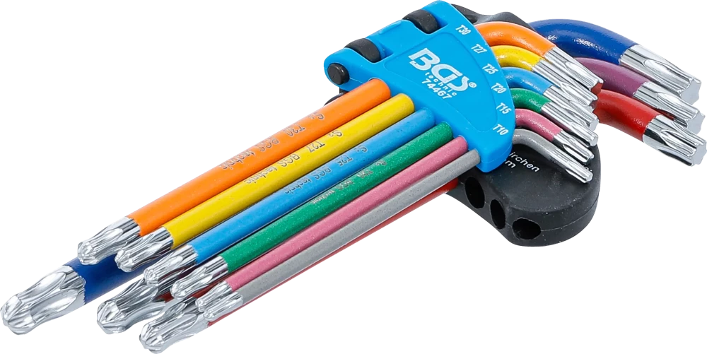 Derékszögű kulcs készlet | több színű | T-profil (Torx) gömbfejes T10 - T50 | 9 darabos