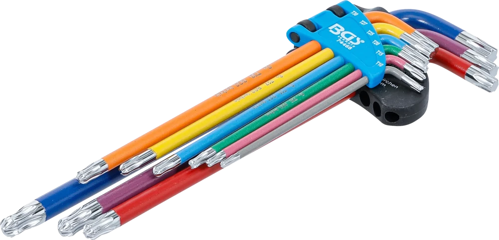 Derékszögű kulcs készlet | több színű | extra hosszú | T-profil (Torx) gömbfejes T10 - T50 | 9 darabos