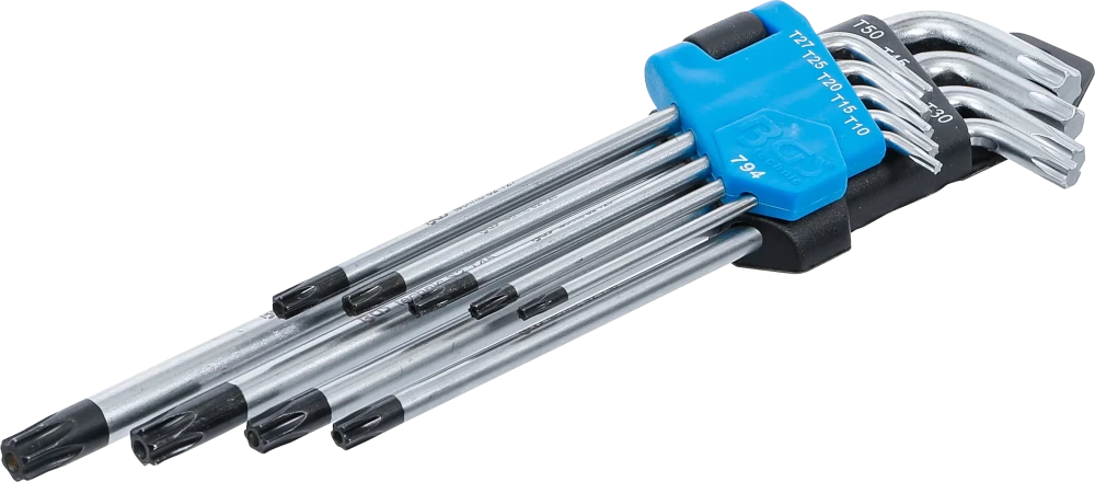 Derékszögű kulcs készlet | extra hosszú | T-profil (Torx) furattal T10 - T50 | 9 darabos