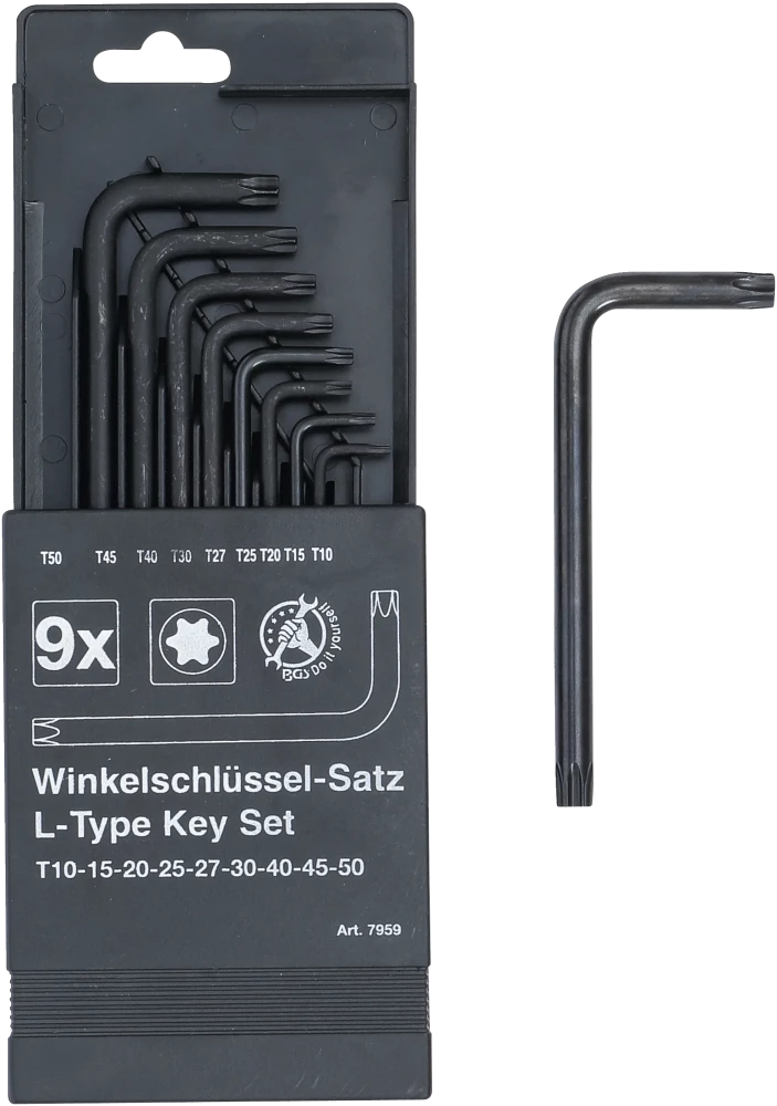 Derékszögű kulcs készlet | T-profil (Torx) T10 - T50 | 9 darabos
