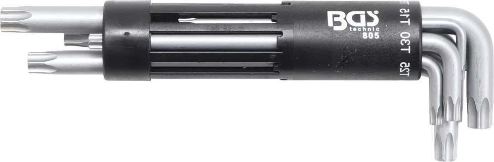 Derékszögű kulcs készlet | extra hosszú | T-profil (Torx) T10 furattal - T50 | 8 darabos