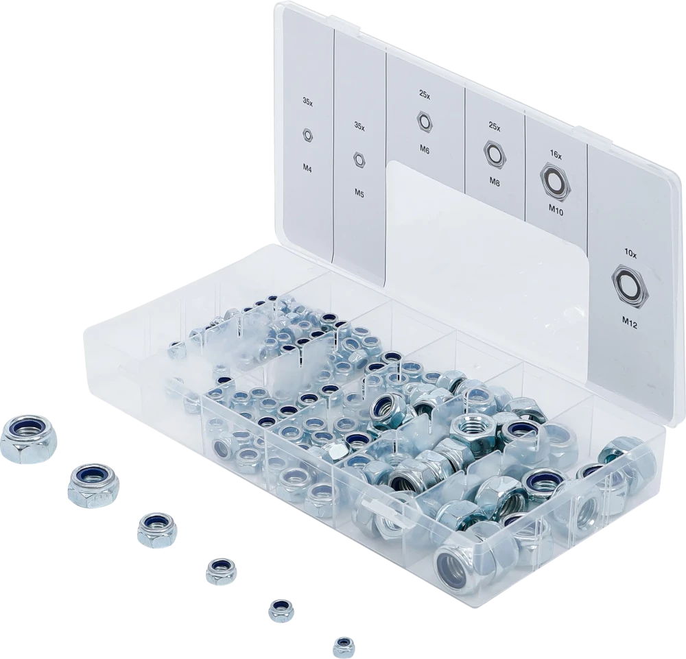 Hatszögletű csavaranya-készlet | önbiztosító | 146 darabos