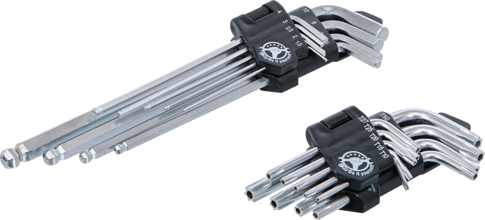 Derékszögű kulcs készlet | hosszú | T-profil (Torx) T10 - T50 / Belső hatszögletű 1,5 - 10 mm | 18 darabos