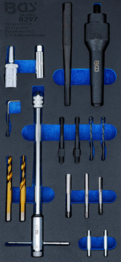 Műhelykocsi-betét 1/3: Izzítógyertya-kiszerelő és menetjavítókészlet | M8, M10 | 17 darabos