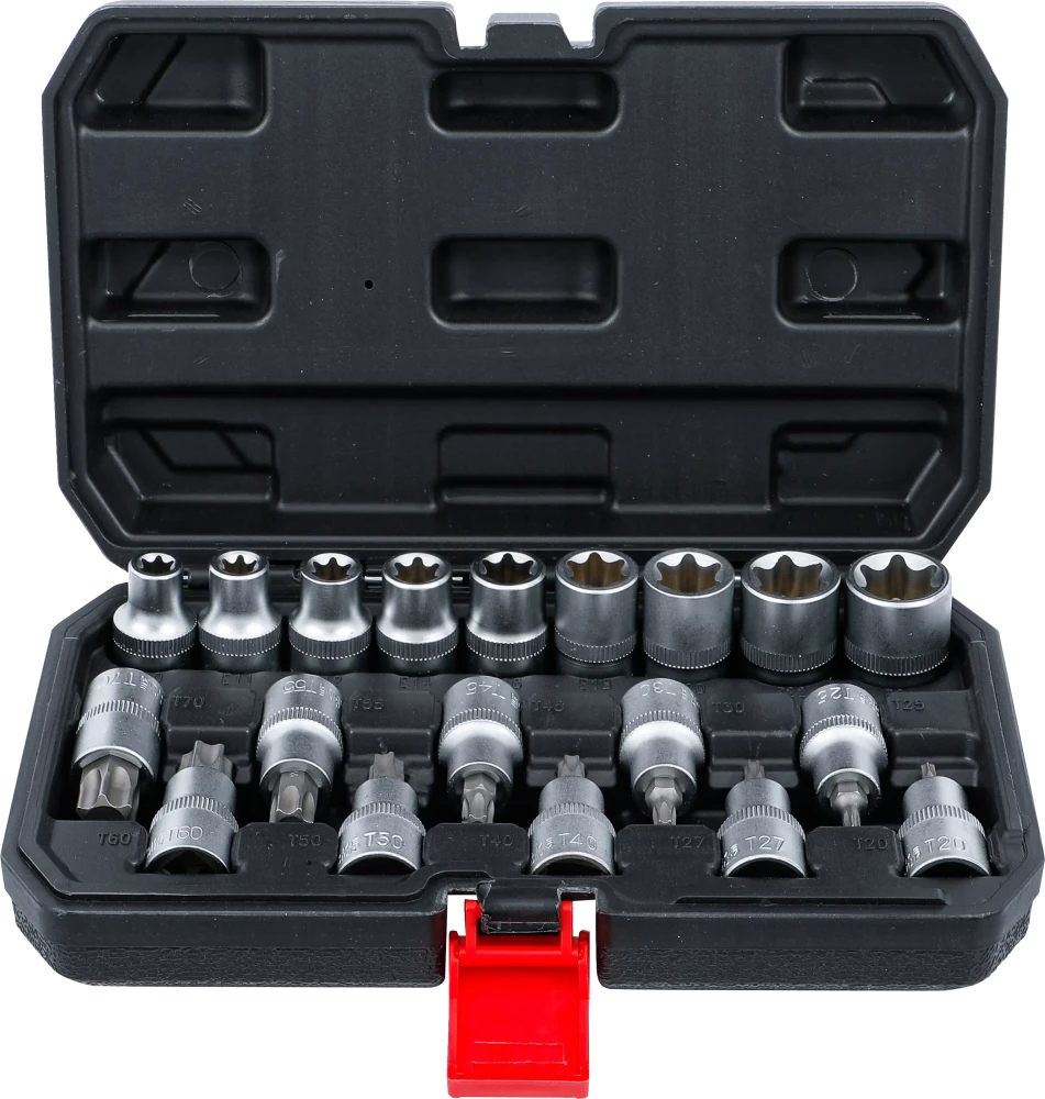 Behajtófej-/dugókulcskészlet | belső hatszögletű 12,5 mm (1/2") | T-profil (Torx) / E-profil | 19 darabos