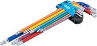 Derékszögű kulcs készlet | több színű | extra hosszú | T-profil (Torx) gömbfejes T10 - T50 | 9 darabos