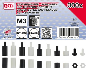 Abstandhalter-Schrauben und Sechskant-Muttern-Sortiment | Nylon | 300-tlg. 