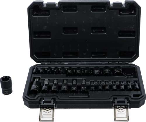 Behajtófej/dugókulcskészlet | 6,3 mm (1/4"), 10 mm (3/8"), 12,5 mm (1/2") | E-profil/T-profil (Torx) | 25 darabos