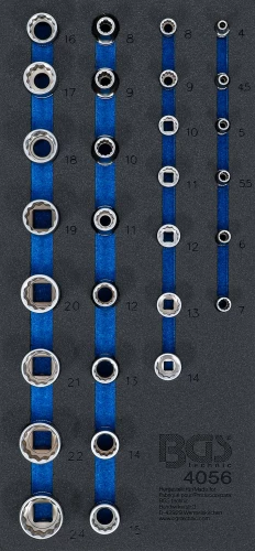 Műhelykocsi-betét 1/3: Dugókulcsok | tizenkétszögletű | 6,3 mm (1/4") / 12,5 mm (1/2") | 29 darabos