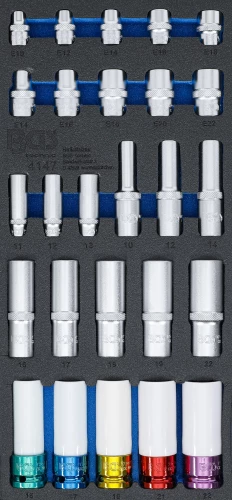 Műhelykocsi-betét 1/3: dugókulcsbetétek, hatszögletű, 11 - 22 mm mély | E-profil E10 - E22 | 6,3 mm (1/4"), 10 mm (3/8"), 12,5 mm (1/2") | 26 darabos
