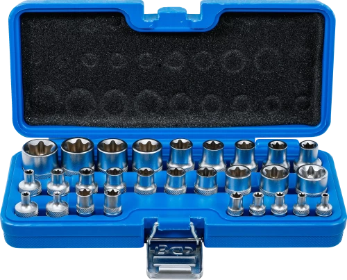 Dugókulcskészlet, E-profil | 6,3 mm (1/4") / 12,5 mm (1/2") | E4 - E24 | 28 darabos
