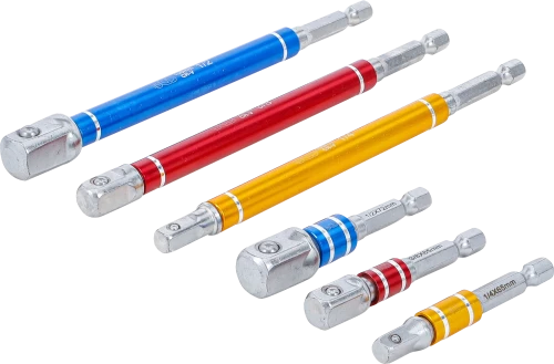 Adapterkészlet fúrógépekhez | színes | Külső hatszögletű kulcsnyílású hajtás 6,3 mm (1/4") | Külső hatszögletű 6,3 mm (1/4"), 10 mm (3/8"), 12,5 mm (1/2")| 75 - 150 mm | 6 darabos