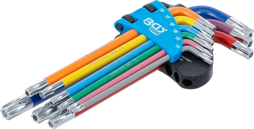 Derékszögű kulcs készlet | több színű | T-profil (Torx) T10 furattal - T50 | 9 darabos