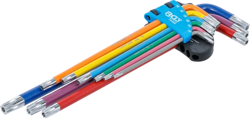 Derékszögű kulcs készlet | több színű | extra hosszú | T-profil (Torx) T10 furattal - T50 | 9 darabos