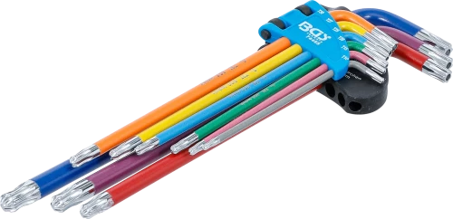 Derékszögű kulcs készlet | több színű | extra hosszú | T-profil (Torx) furattal és gömbfejjel T10 - T50 | 9 darabos