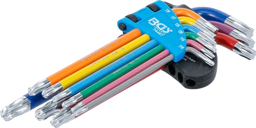Derékszögű kulcs készlet | több színű | T-profil (Torx) gömbfejes T10 - T50 | 9 darabos