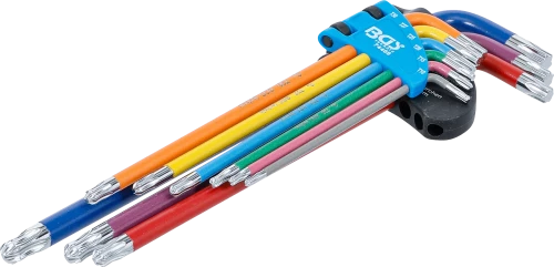 Derékszögű kulcs készlet | több színű | extra hosszú | T-profil (Torx) gömbfejes T10 - T50 | 9 darabos