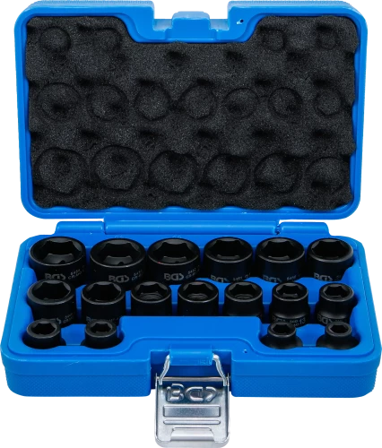 Conjunto de encaixes para chave de caixa de impacto sextavados, extra planos | Entrada de quadrado interno de 12,5 mm (1/2") | 8 - 24 mm | 17 peças 