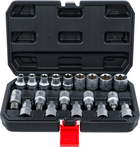 Behajtófej-/dugókulcskészlet | belső hatszögletű 12,5 mm (1/2") | T-profil (Torx) / E-profil | 19 darabos