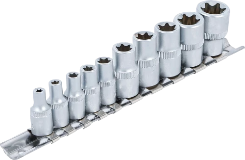 Conjunto de encaixes para chave de caixa perfil em E | Entrada de quadrado interno de 6,3 mm (1/4") / 10 mm (3/8") | E4 - E16 | 10 peças 
