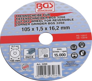 Disk za rezanje za BGS dubinsku brusilicu | Ø 105 x 1,5 x 16,2 mm 