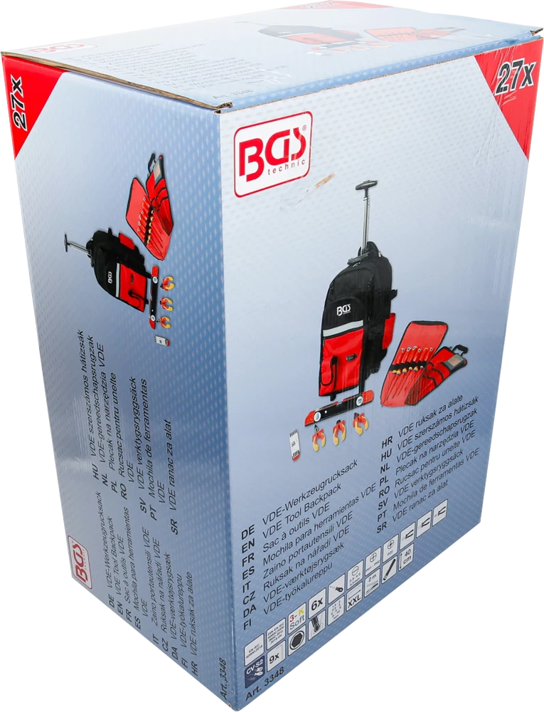 VDE szerszámos hátizsák | teleszkópos fogantyúval, mobil | 27 darabos