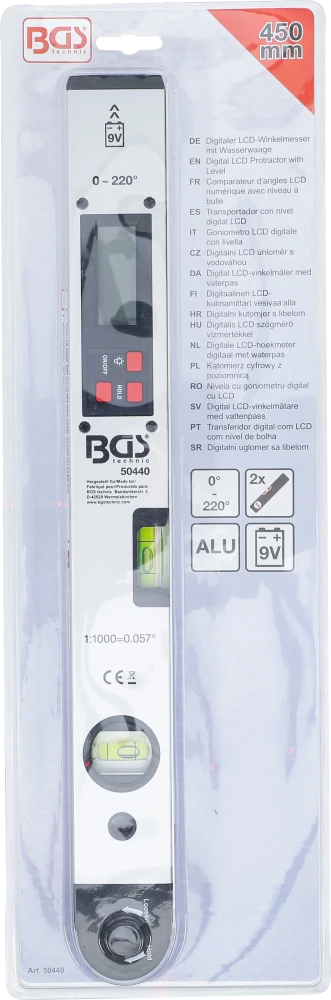 Digitális LCD szögmérő vízmértékkel | 450 mm