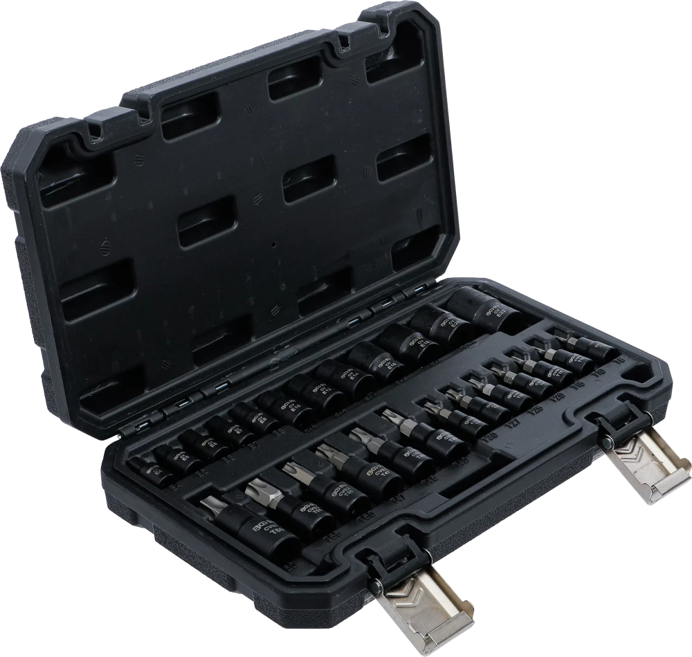 Behajtófej/dugókulcskészlet | 6,3 mm (1/4"), 10 mm (3/8"), 12,5 mm (1/2") | E-profil/T-profil (Torx) | 25 darabos
