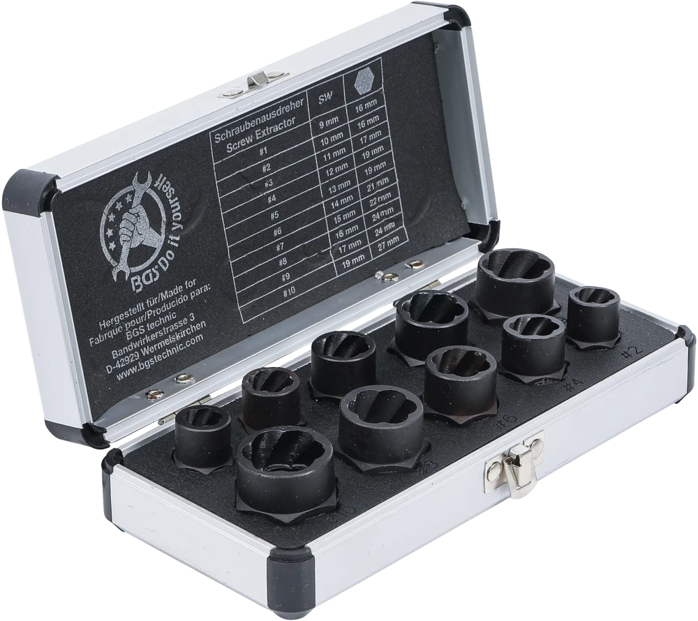 Spirálbites dugókulcskészlet /csavarkiszedő | 10 mm (3/8") / külső hatszögletű | 9 - 19 mm | 10 darabos