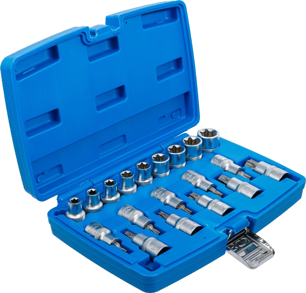 Behajtófej/dugókulcskészlet | 12,5 mm (1/2") | E-profil / T-profil (Torx) | 19 darabos