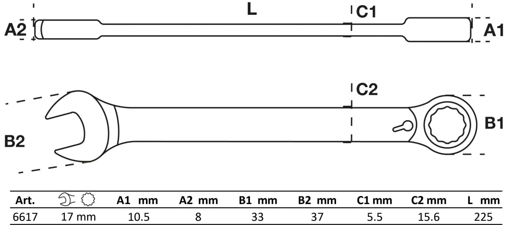 Racsnis csillag-villáskulcs | átkapcsolható | 17 mm