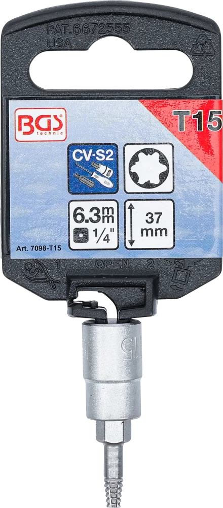 Csavarkiszedő-behajtófej | négyszögletű behajtófej 6,3 mm (1/4") | hibás T-profilhoz (Torx) T15