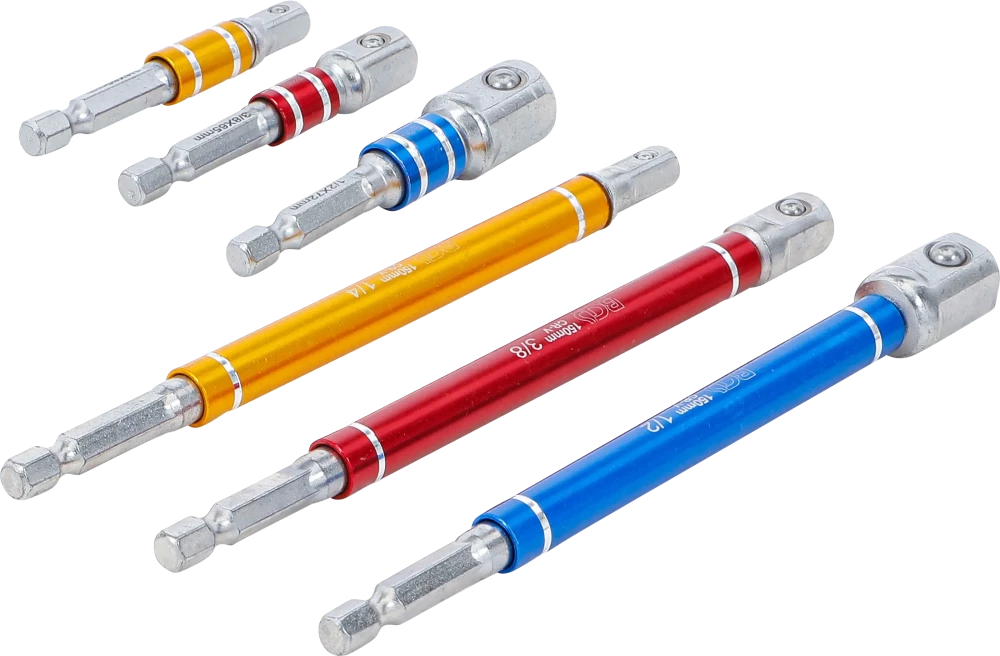Adapterkészlet fúrógépekhez | színes | Külső hatszögletű kulcsnyílású hajtás 6,3 mm (1/4") | Külső hatszögletű 6,3 mm (1/4"), 10 mm (3/8"), 12,5 mm (1/2")| 75 - 150 mm | 6 darabos