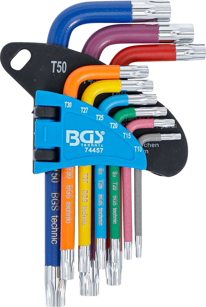 Derékszögű kulcs készlet | több színű | rövid | T-profil (Torx) T10 - T50 | 9 darabos