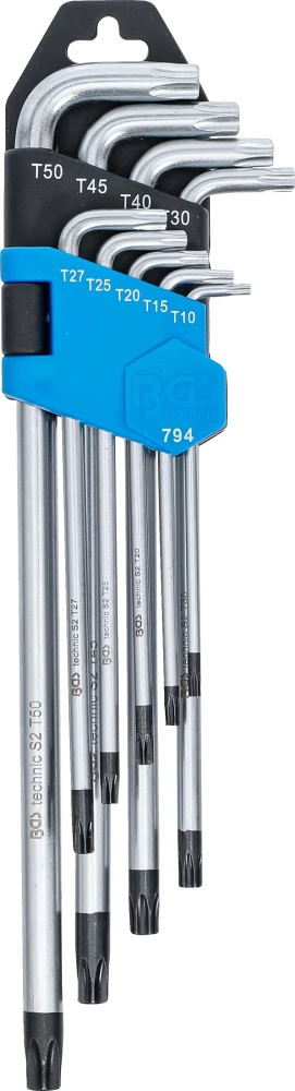 Derékszögű kulcs készlet | extra hosszú | T-profil (Torx) furattal T10 - T50 | 9 darabos