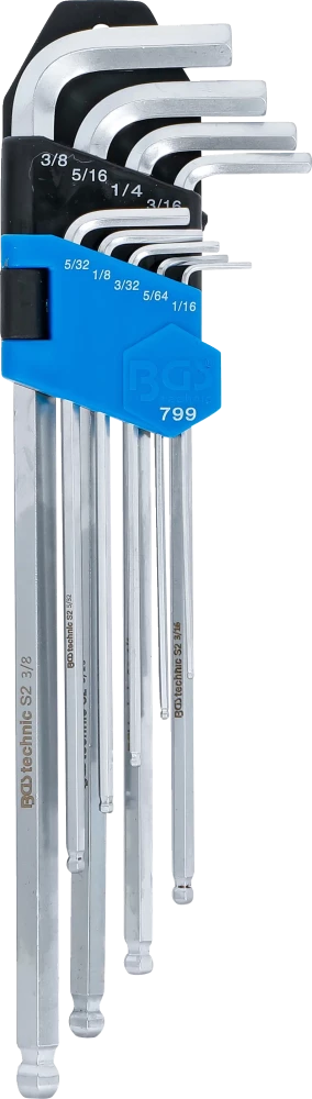 Derékszögű kulcs készlet | coll méretek | Belső hatszögletű / Belső hatszögletű gömbfejes 1/16" - 3/8" | 9 darabos