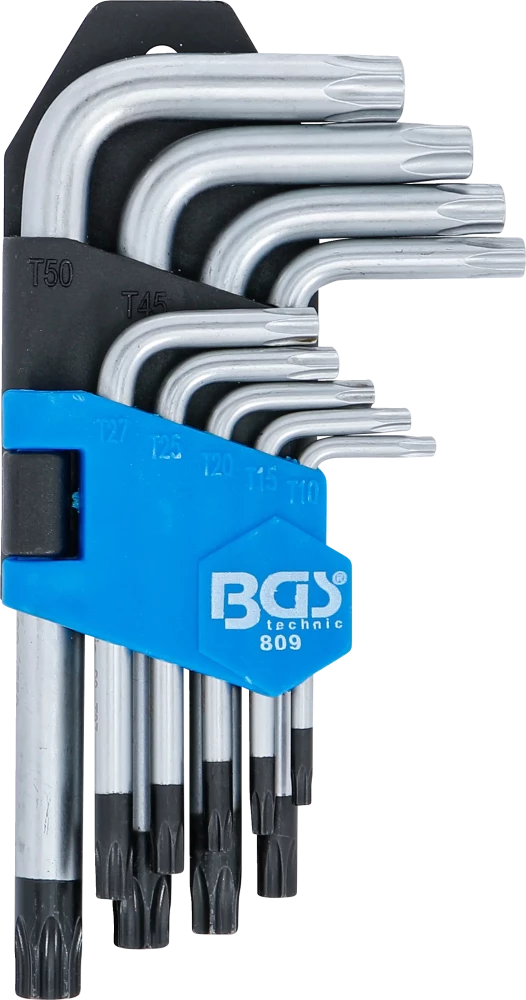 Derékszögű kulcs készlet | rövid | T-profil (Torx) T10 furattal - T50 | 9 darabos