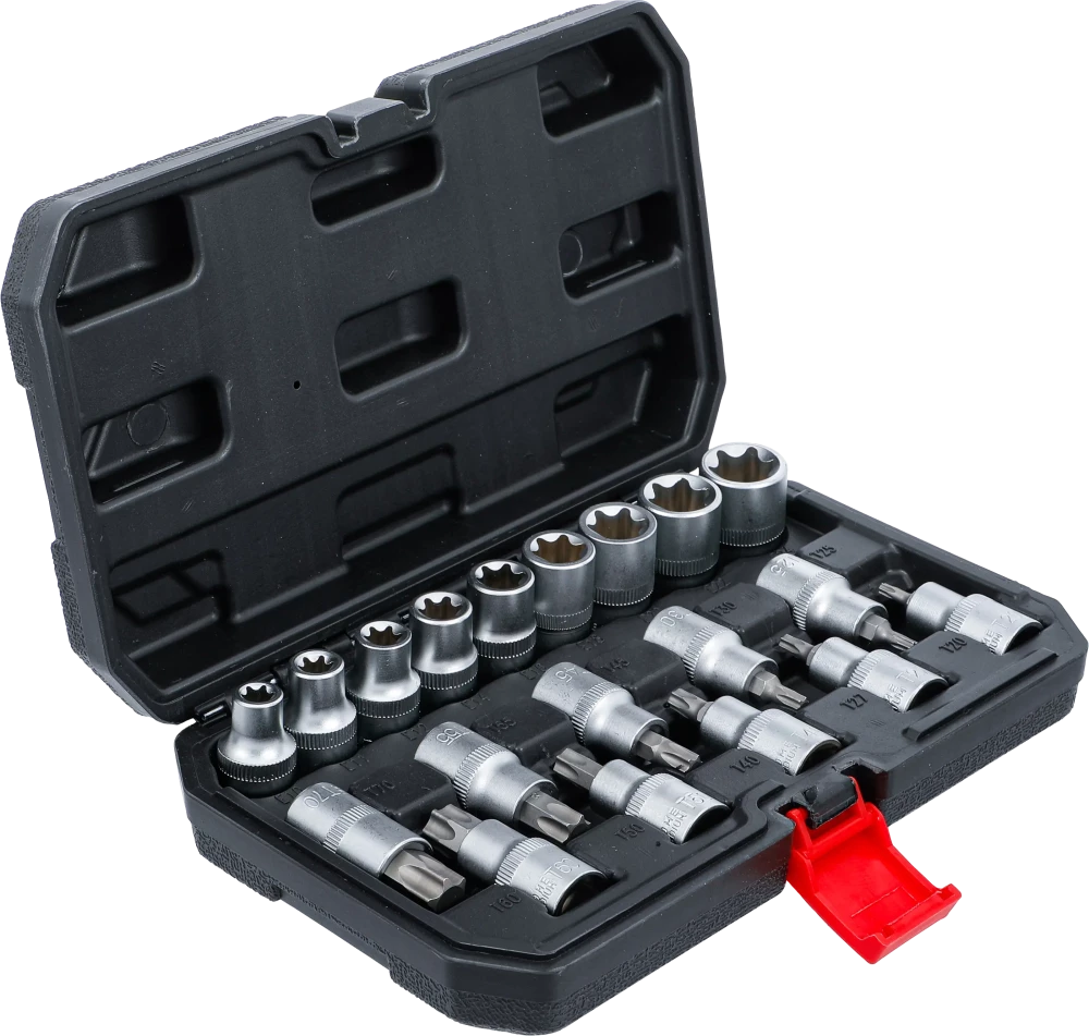 Behajtófej-/dugókulcskészlet | belső hatszögletű 12,5 mm (1/2") | T-profil (Torx) / E-profil | 19 darabos