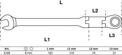 Dobbeltledet skralde-gaffelringnøgle | m. vinkel | 8 mm 